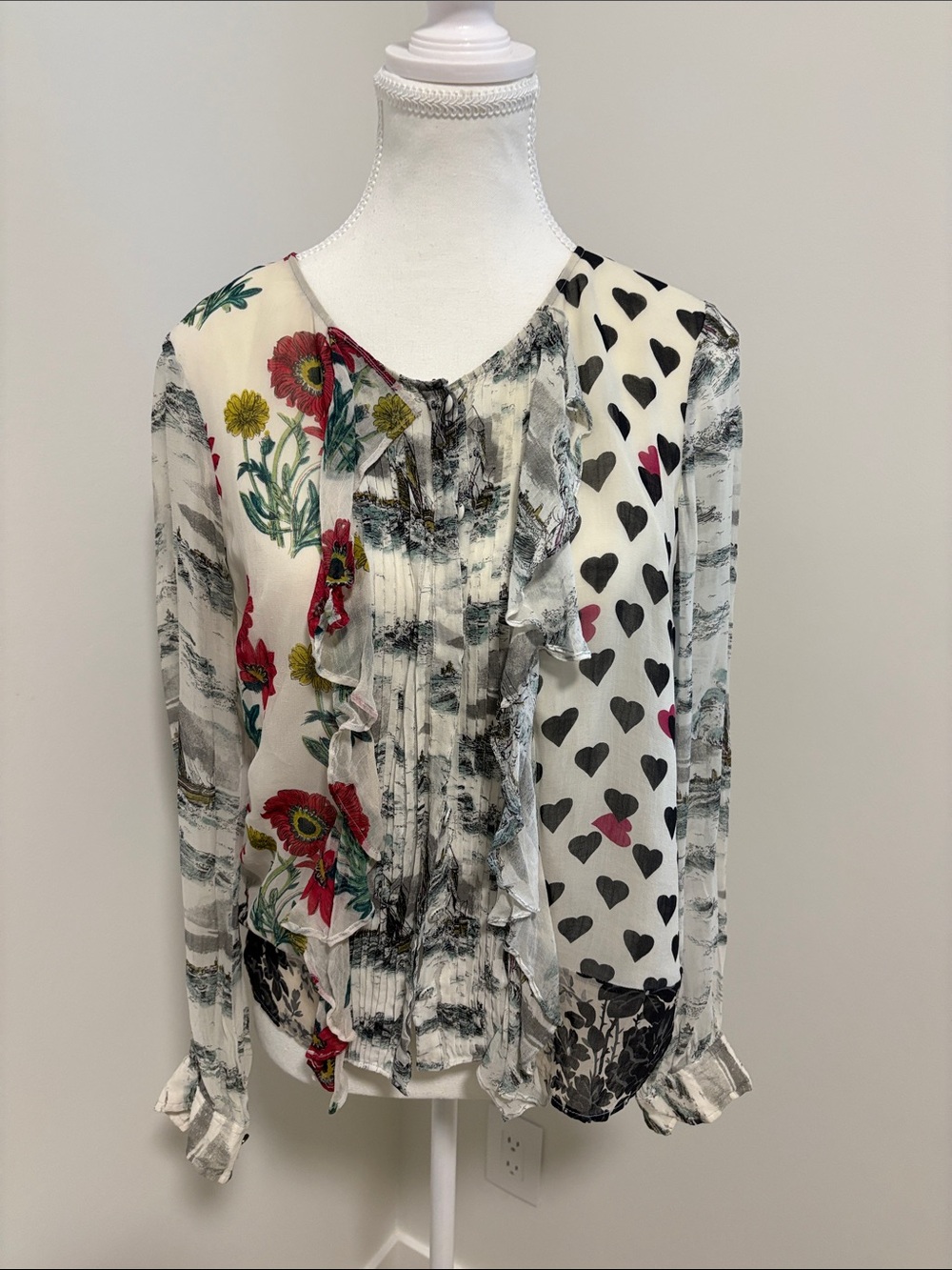 Anthropologie Mixed Floral and Heart-Print Ruffle Blouse in White Multi